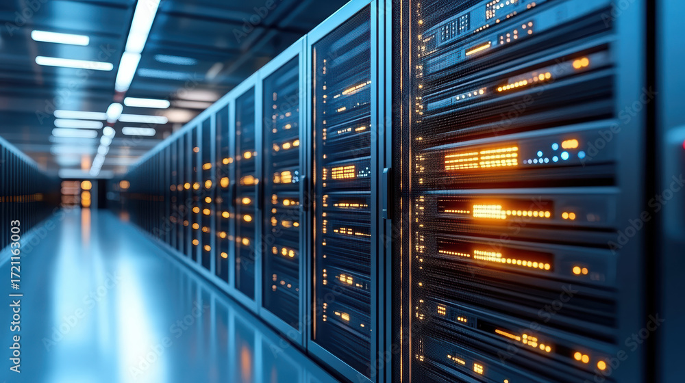 Poster data center infrastructure with illuminated server racks and modern technology creates high tech