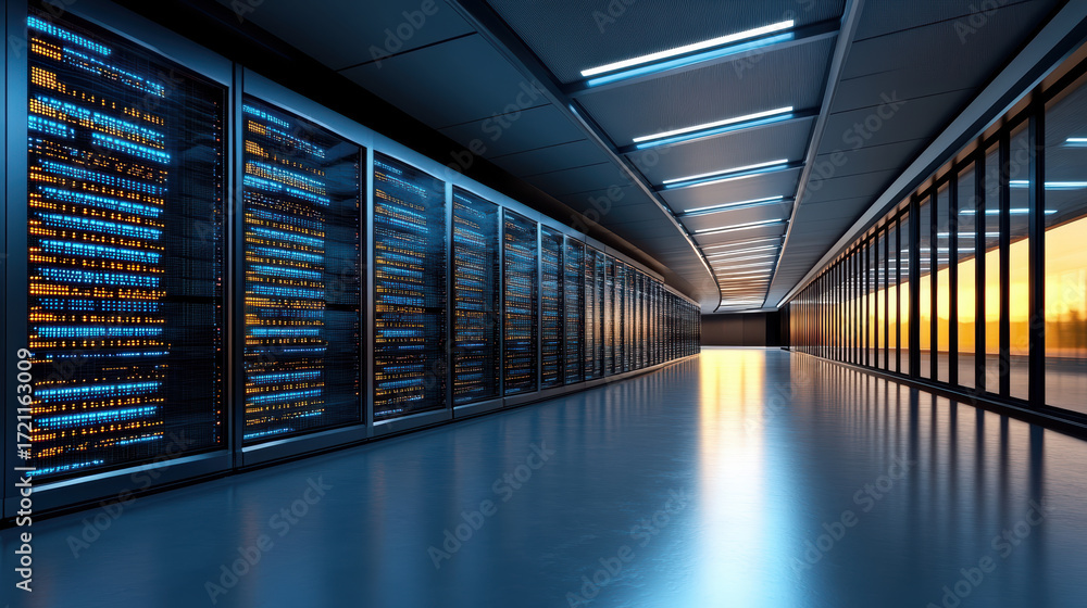Poster high tech data center with illuminated server racks and sleek corridor design