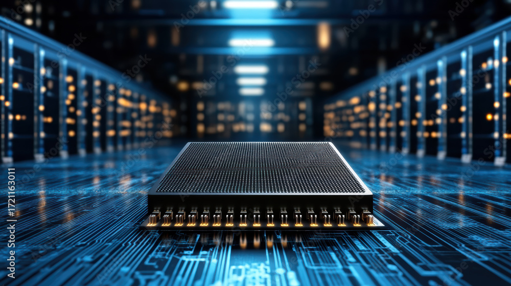 Poster high tech microchip circuit board data center, showcasing advanced technology and innovation