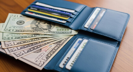 Blue Leather Wallet with Cash and Cards.