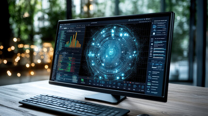 High tech dashboard displaying live data visualization with graphs and charts. interface