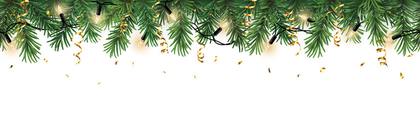 Christmas decorative seamless border with realistic coniferous branches, christmas lights and gold streamers and glitter © Kateina