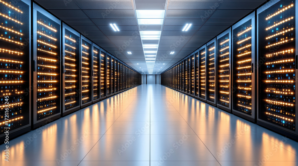 Poster large scale data processing center with glowing servers creates futuristic atmosphere