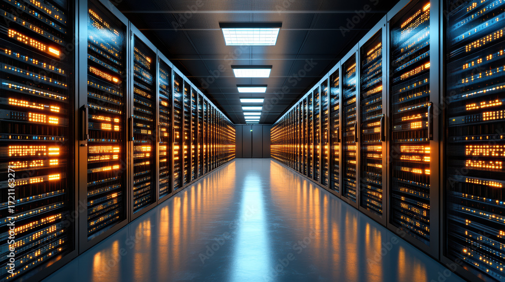 Poster large scale data processing center with glowing servers, showcasing advanced technology