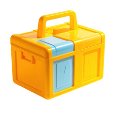 Bright yellow plastic toolbox with a light blue lid.  It has a handle and a compartmentalized design
