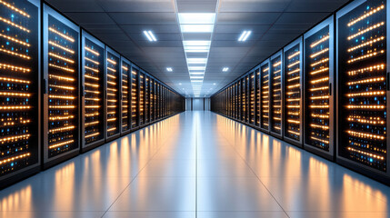Large scale data processing center with glowing servers creates futuristic atmosphere