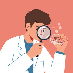 Scientist examines petri dish with magnifying glass, against a coral backdrop