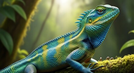 Fototapeta premium A vibrant lizard, showcasing a striking blend of turquoise, emerald, and gold scales, sits perched atop a mossy branch in a lush, tropical forest setting.