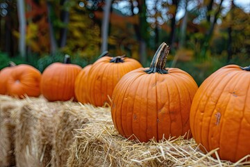 Close-up view of stacked orange pumpkins outdoors at autumn October market