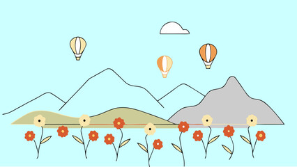 Minimal landscape with red and yellow flowers, hot air balloons, and mountain view