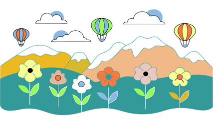 Colorful flowers bloom beneath snow capped mountains with hot air balloons floating in sky