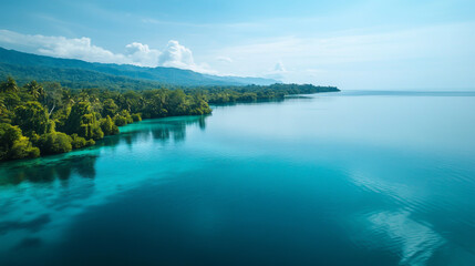 Fototapeta premium Aerial view of a serene tropical island with lush green forest meeting the turquoise ocean under a clear blue sky, a perfect escape to paradise