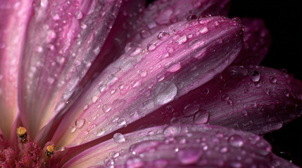 The image displays a close up view of a bloom, its pink petals layered and textured. Droplets of water cling to the surface of the petals, creating a glistening effect