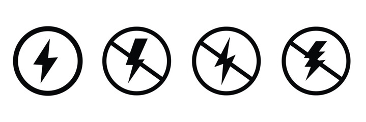 Set of no electricity signs. no lightning symbol, ban. blackout icons, power outage, bright warning .Vector illustration . Eps 10 .