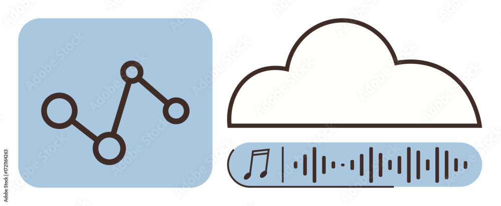 Poster cloud with sound waveform, music note, and network diagram symbolizing data sharing, cloud storage, 
