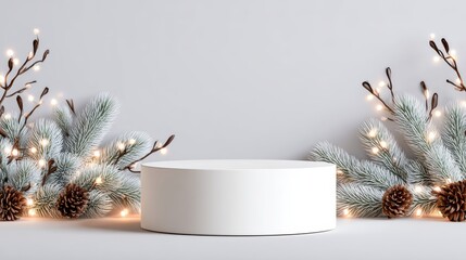 A minimalistic display featuring a white circular pedestal surrounded