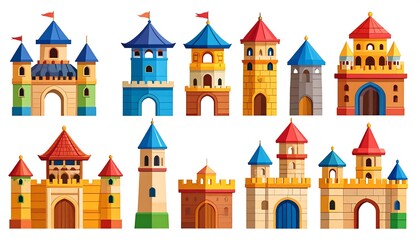 Colorful cartoon castles in various styles