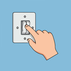Hand switching light switch on light blue background in flat vector style