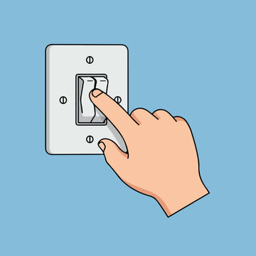 Hand switching light switch on light blue background in flat vector style