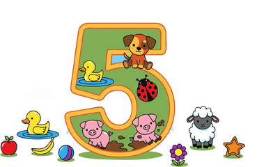 Obraz premium Colorful number five with a collection of charming cartoon animals like a pig, sheep, and dog for preschool education and birthday celebrations