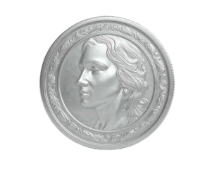 Detailed, silver coin-like design, featuring a woman's profile.  Ornate, embossed rim surrounds the sculpted face