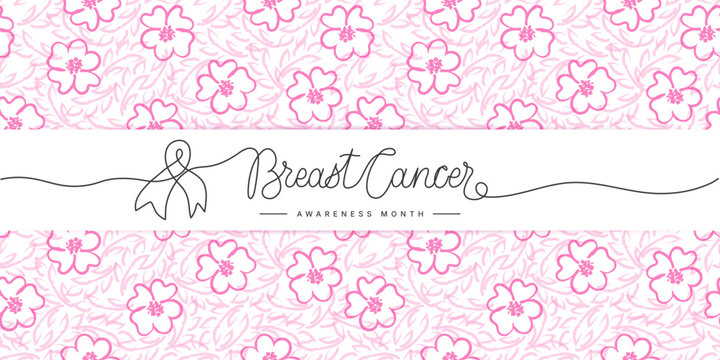 Breast Cancer Awareness Month line art background with ribbon. Simple vector web banner with flower pattern and hand drawn lettering. One continuous line text. Vector illustration