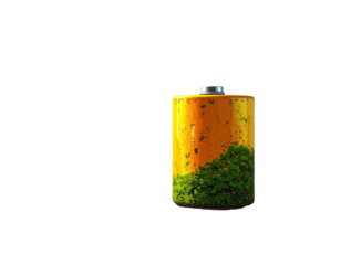 A stylized battery, orange-yellow with green foliage, on black background