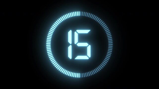 Animated blue glowing countdown timer from 20 to 0 seconds on a black background. Minimal hitech count down design, flat video suitable for overlay or tint layer