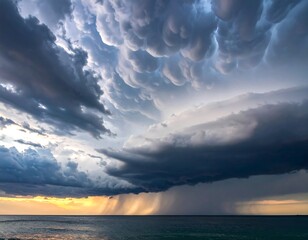Dramatic storm clouds over a tranquil ocean