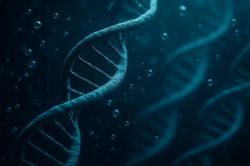 Blue DNA double helix in liquid — 3D macro with bubbles and depth of field