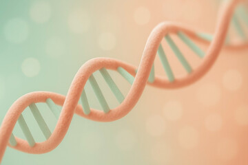 Pastel DNA double helix — peach & mint 3D macro on soft bokeh background