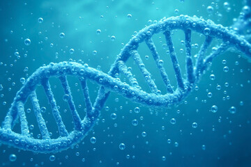 DNA double helix underwater with bubbles — realistic 3D macro
