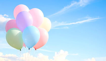 Fototapeta premium A cluster of pastel-colored balloons floats against a bright blue sky with soft white clouds, creating a cheerful and airy scene.