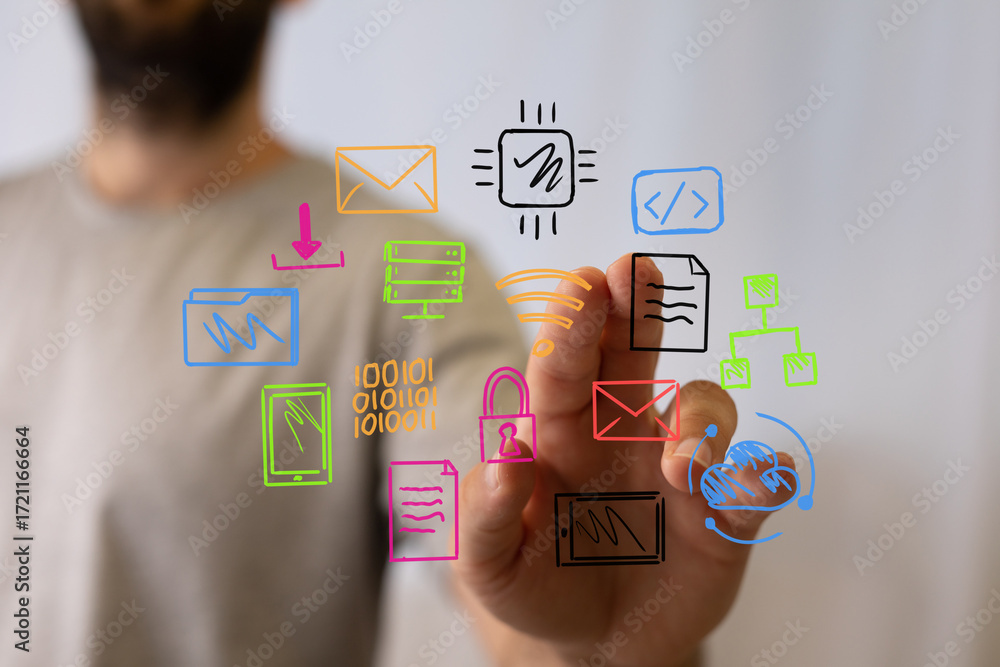 Poster hand interacting with colorful icons representing data, technology, and communication.