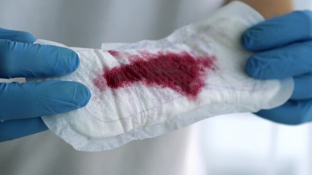 A gynecologist wearing gloves examines blood on a sanitary pad.
Bleeding during menstruation.
Irregularities in the female cycle.
Genital hygiene and protection against bleeding.