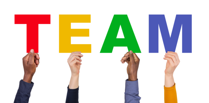 Team - hands holding colorful letters  isolated on white or transparent background  - Powered by Adobe