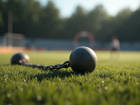 Hammer throw ball with chain resting on grass field