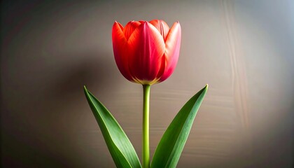 A vibrant red tulip against a muted background