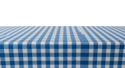 Pristine vibrant blue and white gingham checkered cotton tablecloth, small grid, flat lay on transparent background with copy space, fresh inviting product display concept