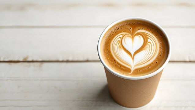 A cup of coffee with latte art on a white wooden surface for a morning pick me up