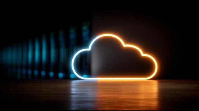 A glowing neon cloud symbol on a dark background, reflecting on a wooden surface.