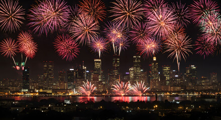 Firework Celebration Over City Skyline at Night
