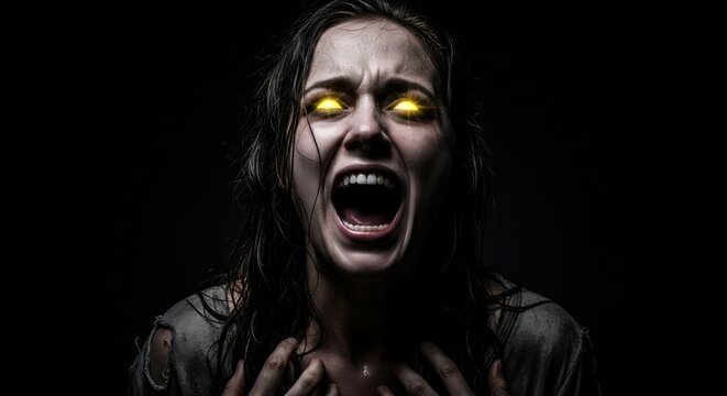 Possessed by darkness: a woman's anguished scream with glowing eyes against the abyss