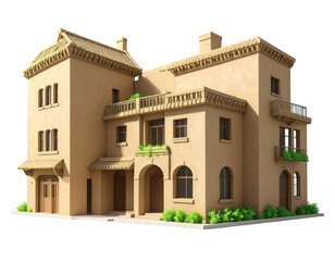 Beige, two-story house with ornate details, balconies, and small gardens