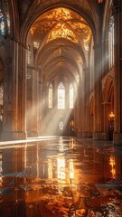 Fototapeta premium Sunlit Cathedral Interior with Golden Reflections