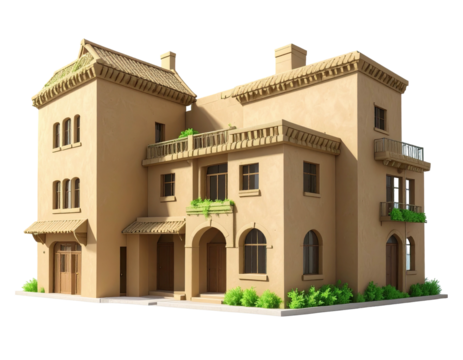 Beige, two-story house with ornate details, balconies, and small gardens - Powered by Adobe