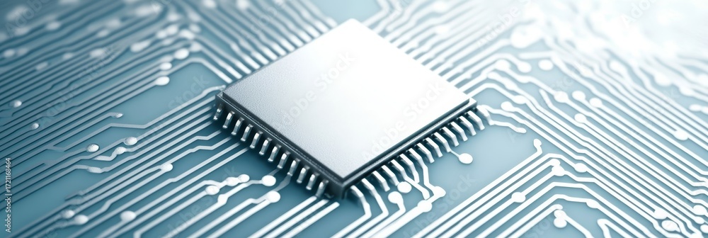 Aufkleber delicate silver microprocessor component with intricate technology lines on an abstract background.