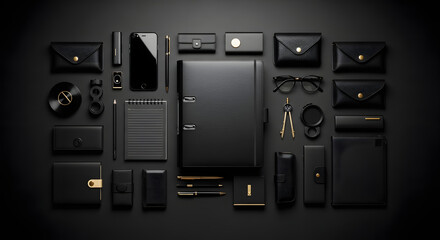 Obraz premium Assembling branded merchandise for a corporate promotional event within a company swag kit, wallpaper