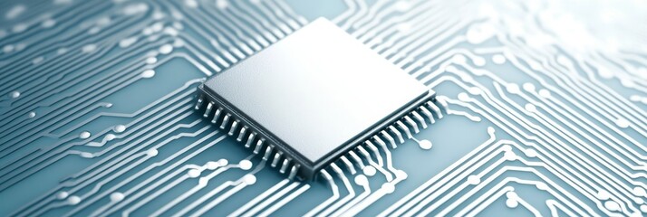 Delicate silver microprocessor component with intricate technology lines on an abstract background.