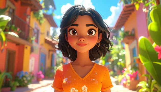 Smiling Girl in Orange Shirt, Colorful Street Background